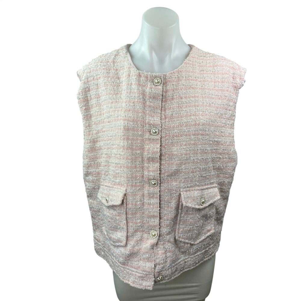 Neon Rose Relaxed Gilet Pink Tweed Button Down Sweater Vest Coat Jacket Top Sz M
